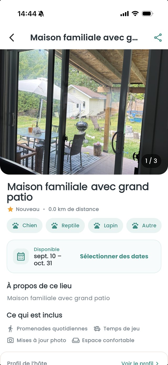 Fiche d'un gardien avec photos, animaux acceptés et dates disponibles